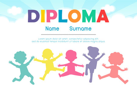 Diploma template for kids flat style, Certificates kindergarten and elementary, Preschool, isolated on background vector illustrationのイラスト素材