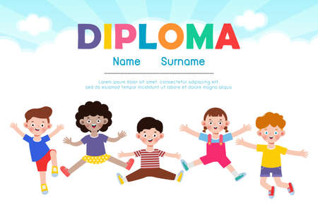 Diploma template for kids flat style, Certificates kindergarten and elementary, Preschool, isolated on background vector illustrationのイラスト素材