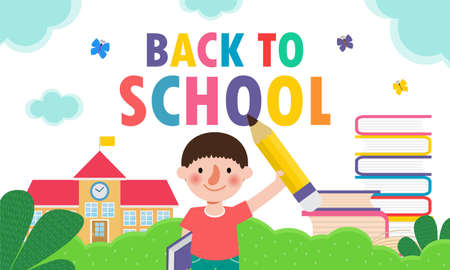 back to school with school kids and education concept, cartoon happy children background banner Template for advertising brochure, your text, child and frame isolated Vector Illustのイラスト素材