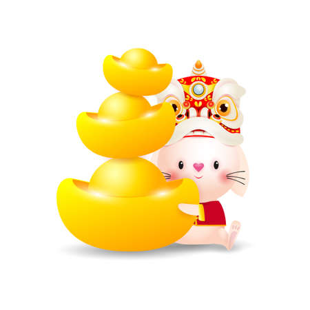 Happy Chinese new year 2023 greeting card, Cute Little rabbit and lion dance holding chinese gold Ingots, year of the rabbit zodiac, Little bunny gong xi fa cai, Cartoon isolated wのイラスト素材