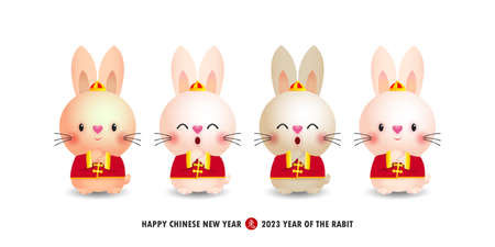 Happy Chinese new year 2023 with group little rabbit greeting gong xi fa cai, the year of the rabbit zodiac, calendar, cute Cartoon isolated white background vector illustration, Tのイラスト素材