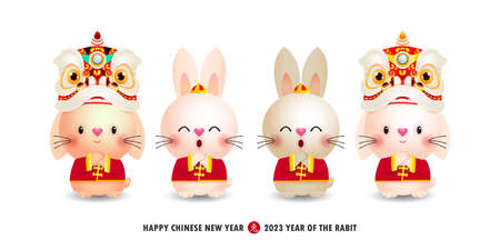 Happy Chinese new year 2023 with group little rabbit greeting gong xi fa cai, the year of the rabbit zodiac, calendar, cute Cartoon isolated white background vector illustration, Tのイラスト素材