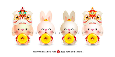 Four little rabbit holding coins of gold chinese new year 2023 year of the rabbit zodiac, gong xi fa cai Cartoon isolated on white background vector illustration, Translation happyのイラスト素材
