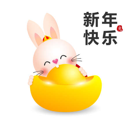 Happy Chinese new year 2023 greeting card cute rabbit chinese gold ingots, year of the rabbit zodiac, cartoon character isolated vector Translate Happy New Yearのイラスト素材