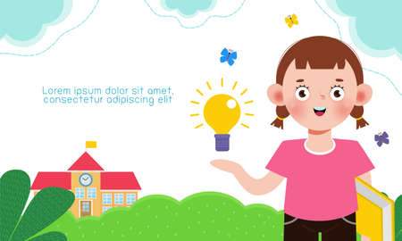 back to school with school kids education concept, cartoon happy children background banner Template for advertising brochure, your text, child and frame isolated Vector Illustratiのイラスト素材