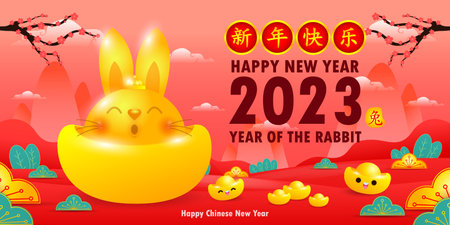 2023 Chinese new year, Golden rabbit with gold ingots, gong xi fa cai, year of the rabbit zodiac of Animal lucks Cartoon vector illustration isolated on background, Translate Happyのイラスト素材