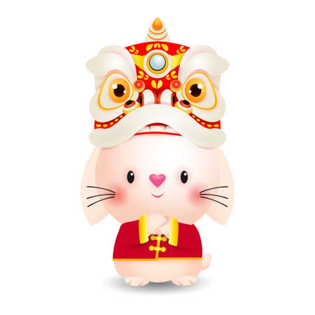 Happy Chinese new year 2023 greeting card, the year of the rabbit zodiac, cute Little bunny greeting with lion dance, gong xi fa cai, calendar, Cartoon isolated white background veのイラスト素材