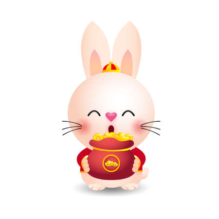 2023 Chinese new year, little rabbit holding bag of gold,  year of the rabbit zodiac of Animal lucks, gong xi fa cai, Cartoon vector illustration isolated on white background.のイラスト素材