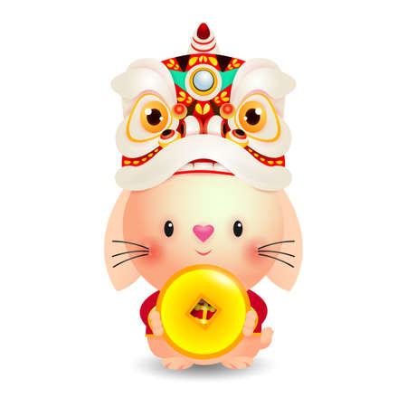 2023 Chinese new year, little rabbit with lion dance holding coins of gold,  year of the rabbit zodiac of Animal lucks, gong xi fa cai, Cartoon vector illustration isolated on whitのイラスト素材