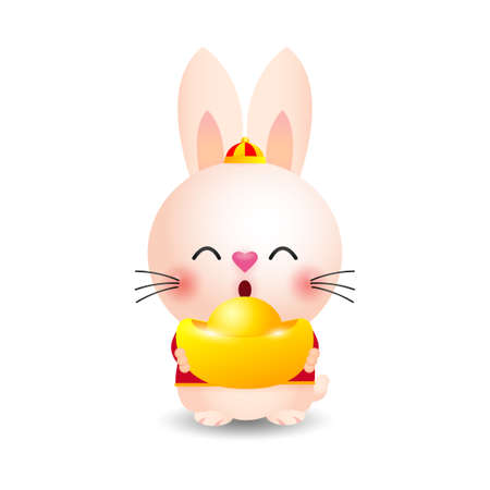 Happy Chinese new year 2023 greeting card, Cute Little rabbit holding chinese gold Ingots, year of the rabbit zodiac, Little bunny gong xi fa cai, Cartoon isolated white backgroundのイラスト素材
