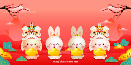 Four little rabbit holding golden ingots chinese new year 2023 year of the rabbit zodiac, gong xi fa cai Cartoon isolated on white background vector illustration, Translation happyのイラスト素材