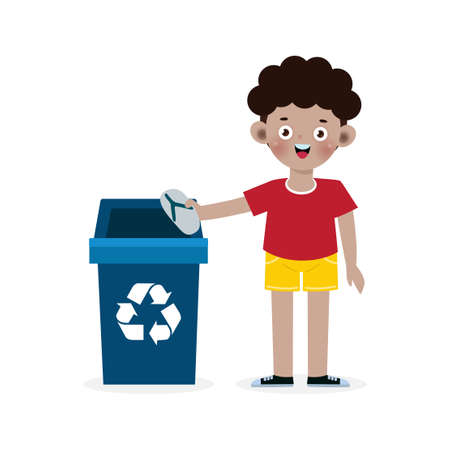 kid collect rubbish for recycling, Child Segregating Trash, recycling trash, Save the World, recycling isolated on white backgrounds vector Illustrationのイラスト素材