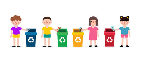 set of kid collect rubbish for recycling, Child Segregating Trash, recycling trash, Save the World, recycling isolated on white backgrounds vector Illustrationのイラスト素材