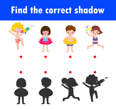 Shadow Matching Game for kids, Visual game for kid, find the correct Shadow, Instructional media, Connect the dots picture, Education isolated on background Vector Illustration.のイラスト素材
