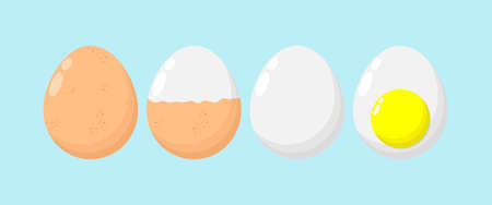 Set Of Eggs boiled eggs, half peeled, peeled, sliced, Funny cartoon Cute chicken egg , healthy food...
