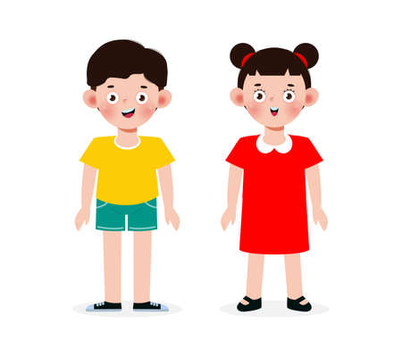 Set of Asian children Standing isolated on white backgroun, happy kids Vector Illustration flat stylesのイラスト素材