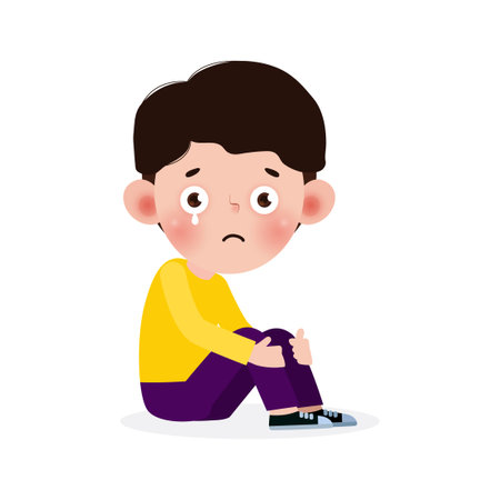 Sad Kid ,Depressed child looking lonely, Sad little kid sitting alone and cry, helpless, bullying isolated on white background vector Illustrationのイラスト素材