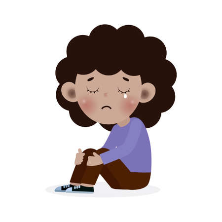 Sad Kid black ,Depressed child african american looking lonely, Sad little kid sitting alone and cry, helpless, bullying isolated on white background vector Illustrationのイラスト素材