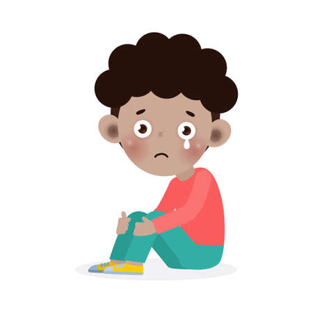 Sad Kid black ,Depressed child african american looking lonely, Sad little kid sitting alone and cry, helpless, bullying isolated on white background vector Illustrationのイラスト素材