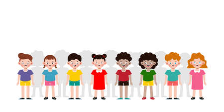 Set of diverse happy kids Standing isolated on white background. Different nationalities and dress styles. European children, America's Children, Asian children,African kids, Vectoのイラスト素材
