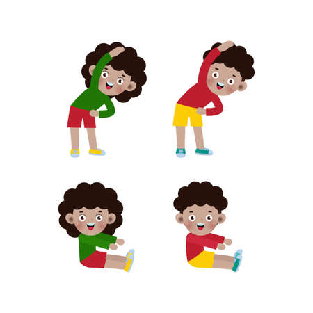 Set of african american Kids Exercising, Children exercising ,child exercising , happy Kids Exercising cute cartoon flat design isolated on white background Vector Illustration.のイラスト素材