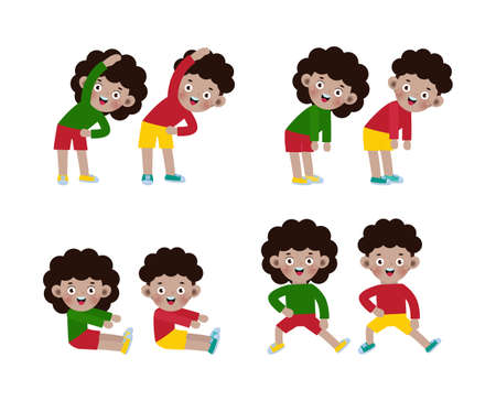 Set of african american Kids Exercising, Children exercising ,child exercising , happy Kids Exercising cute cartoon flat design isolated on white background Vector Illustration.のイラスト素材