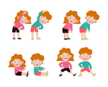 Set of American Kids Exercising, Children exercising ,child exercising , happy Kids Exercising cute cartoon flat design isolated on white background Vector Illustration.のイラスト素材