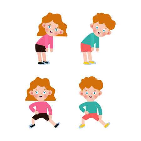 Set of American Kids Exercising, Children exercising ,child exercising , happy Kids Exercising cute cartoon flat design isolated on white background Vector Illustration.のイラスト素材