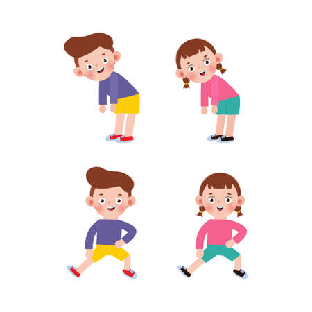 Set of european Kids Exercising, Children exercising ,child exercising , happy Kids Exercising cute cartoon flat design isolated on white background Vector Illustration.のイラスト素材