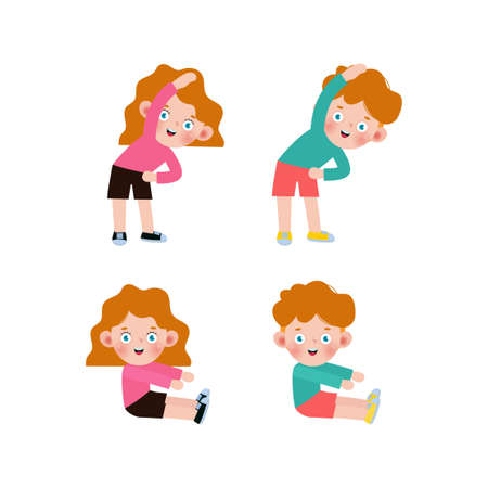 Set of American Kids Exercising, Children exercising ,child exercising , happy Kids Exercising cute cartoon flat design isolated on white background Vector Illustration.のイラスト素材