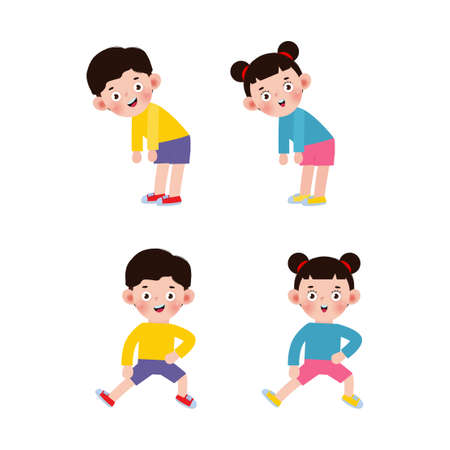 Set of Asian Kids Exercising, Children exercising ,child exercising , happy Kids Exercising cute cartoon flat design isolated on white background Vector Illustration.のイラスト素材