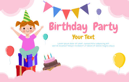 Cute Colorful Birthday Party Card Template banner, cute children and Happy Birthday card advertising brochure, your text, flat Funny cartoon isolated vector Illustration on white bのイラスト素材