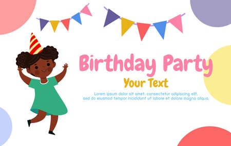 Cute Colorful Birthday Party Card Template banner, cute children and Happy Birthday card advertising brochure, your text, flat Funny cartoon isolated vector Illustration on white bのイラスト素材