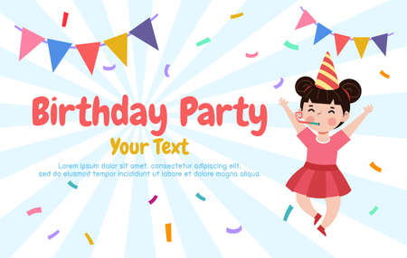Cute Colorful Birthday Party Card Template banner, cute children and Happy Birthday card advertising brochure, your text, flat Funny cartoon isolated vector Illustration on white bのイラスト素材