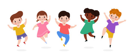 Happy Kids Playing Outdoor banner Template background, children jumping together, advertising brochure, your text, flat Funny cartoon isolated vector Illustration on white backgrouのイラスト素材