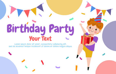 Cute Colorful Birthday Party Card Template banner, cute children and Happy Birthday card advertising brochure, your text, flat Funny cartoon isolated vector Illustration on white bのイラスト素材