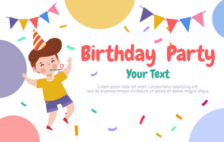 Cute Colorful Birthday Party Card Template banner, cute children and Happy Birthday card advertising brochure, your text, flat Funny cartoon isolated vector Illustration on white bのイラスト素材