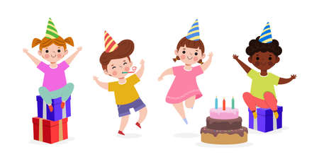 Happy children with cake and gift box at the Birthday party and group of friends isolated on white background Vector Illustrationのイラスト素材