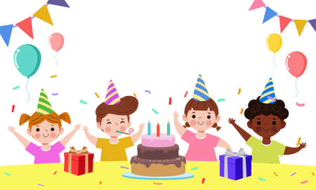 Happy children with cake and gift box with balloons at the Birthday party and group of friends isolated on white background Vector Illustrationのイラスト素材