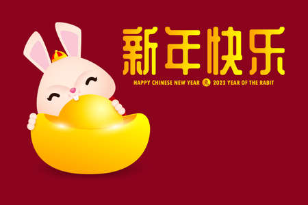 Happy Chinese new year greeting card 2023 cute little rabbit bunny, year of the rabbit zodiac, gong xi fa cai cartoon character isolated vector illustration, Translated Chinese newのイラスト素材