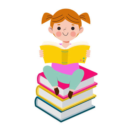 Vector Illustration Of Kids Reading Book, Children Education isolated on white backgroundのイラスト素材