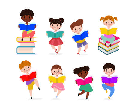 Vector Illustration Set Of Kids Reading Book, Children Education isolated on white backgroundのイラスト素材