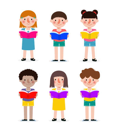 Set Of Kids Reading Book, Children Education isolated on white background Vector Illustrationのイラスト素材