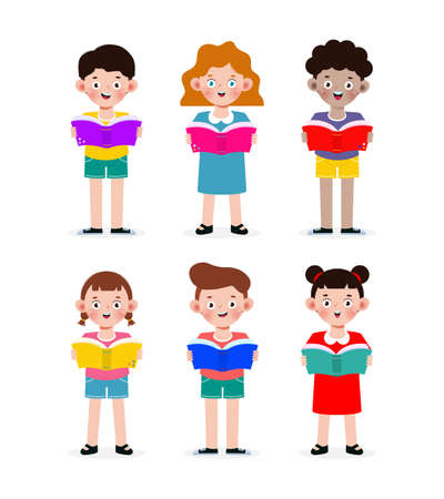 Set Of Kids Reading Book, Children Education isolated on white background Vector Illustrationのイラスト素材