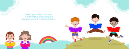 back to school with school kids reading book education concept, cartoon happy children background banner Template for advertising brochure, your text, child and frame isolated Vectのイラスト素材