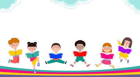 back to school with school kids reading book education concept, cartoon happy children background banner Template for advertising brochure, your text, child and frame isolated Vectのイラスト素材