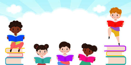back to school with school kids reading book education concept, cartoon happy children background banner Template for advertising brochure, your text, child and frame isolated Vectのイラスト素材