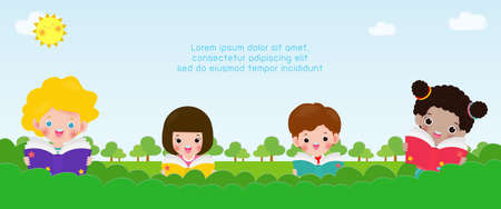 back to school with school kids reading book education concept, cartoon happy children background banner Template for advertising brochure, your text, child and frame isolated Vectのイラスト素材