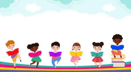 back to school with school kids reading book education concept, cartoon happy children background banner Template for advertising brochure, your text, child and frame isolated Vectのイラスト素材