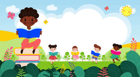 back to school with school kids reading book education concept, cartoon happy children background banner Template for advertising brochure, your text, child and frame isolated Vectのイラスト素材